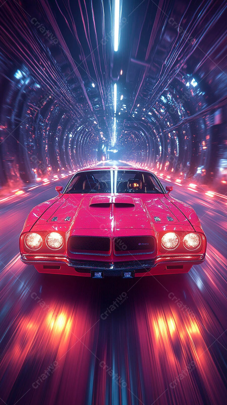 Carro esportivo vermelho em túnel futurista neon com luzes vibrantes