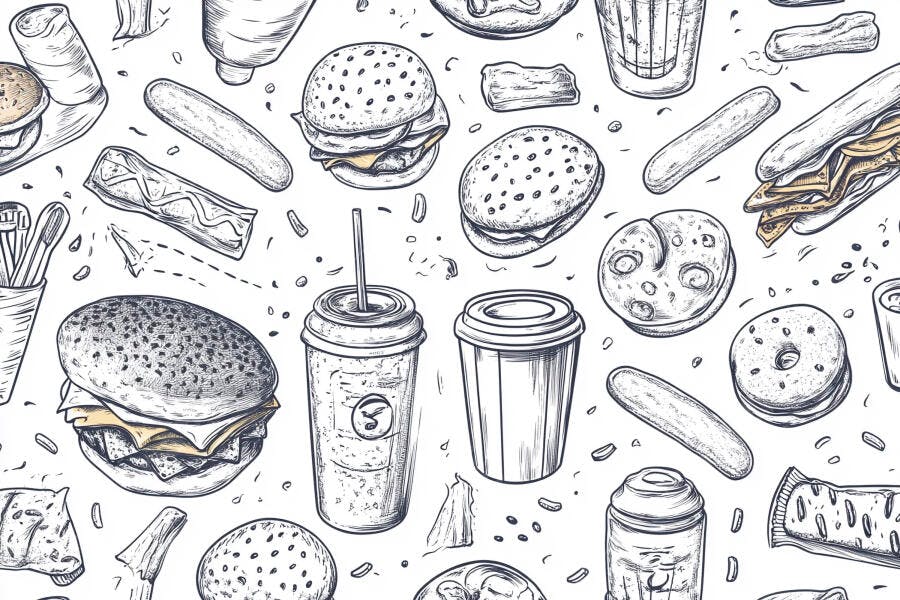 Padrão de fast food ilustração preto branco com hambúrgueres sucos e donuts