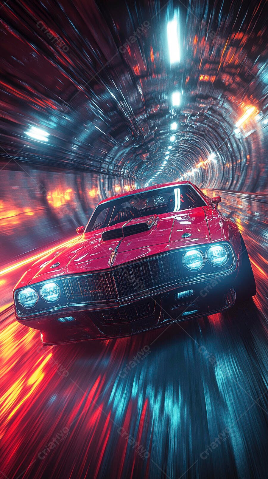 Carro esportivo vermelho em túnel futurista com luzes neon e velocidade