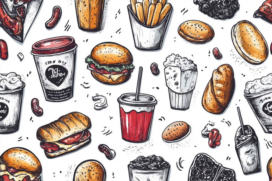Padrão de fast food desenhado à mão com hambúrgueres batatas fritas e refrigerantes