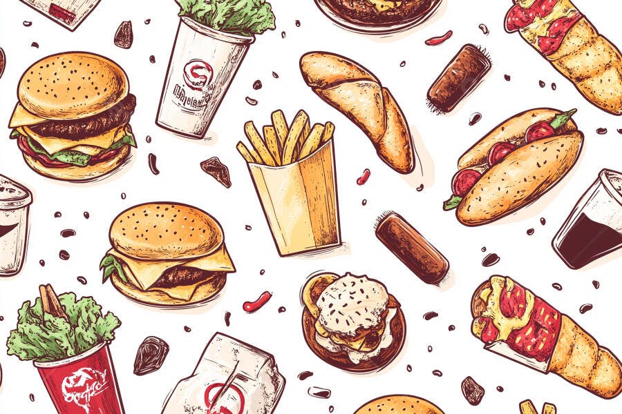 Padrão de fast food colorido com hambúrgueres batatas fritas hot dogs e wraps