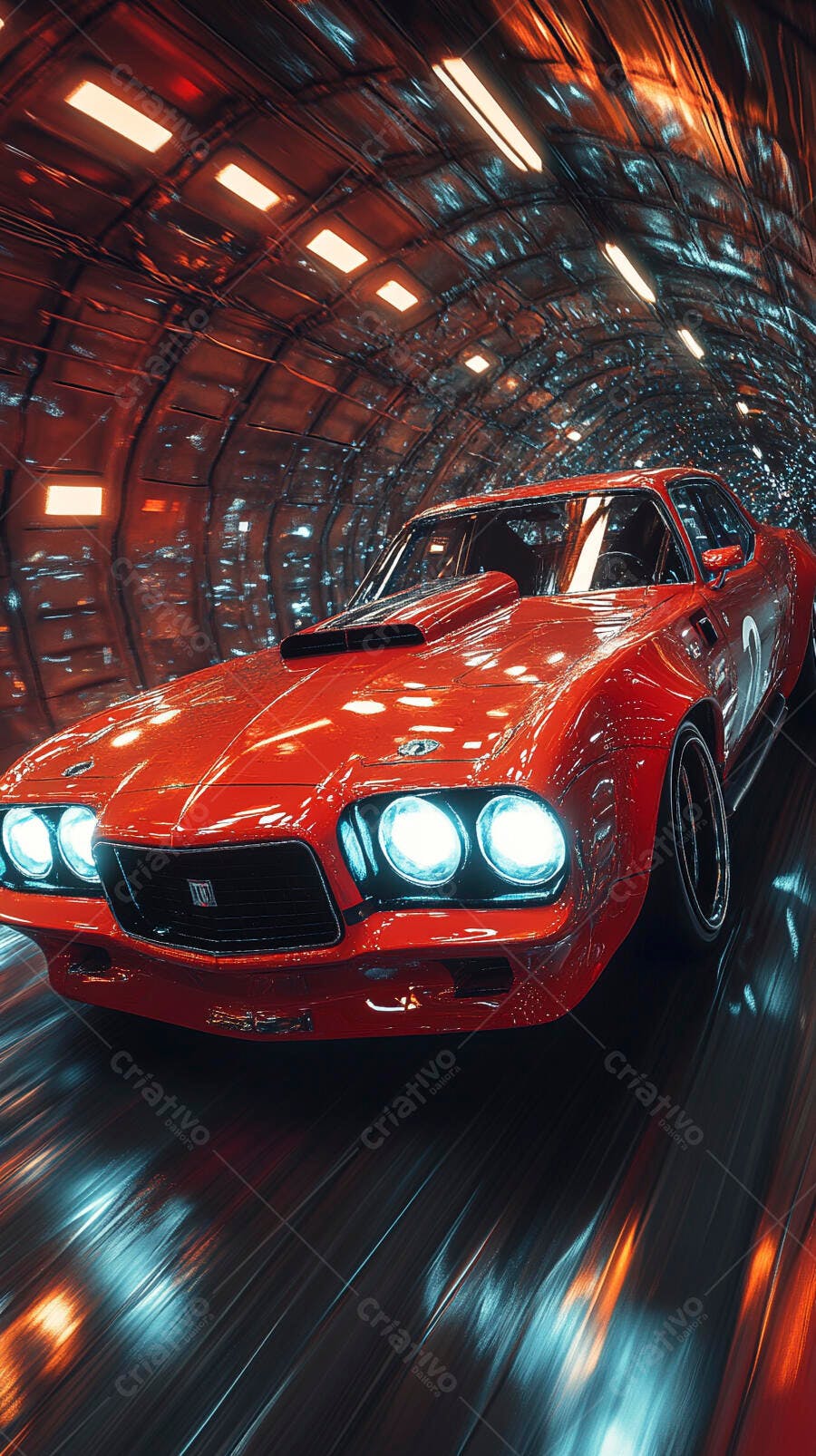 Carro esportivo vermelho em túnel futurista iluminado com velocidade