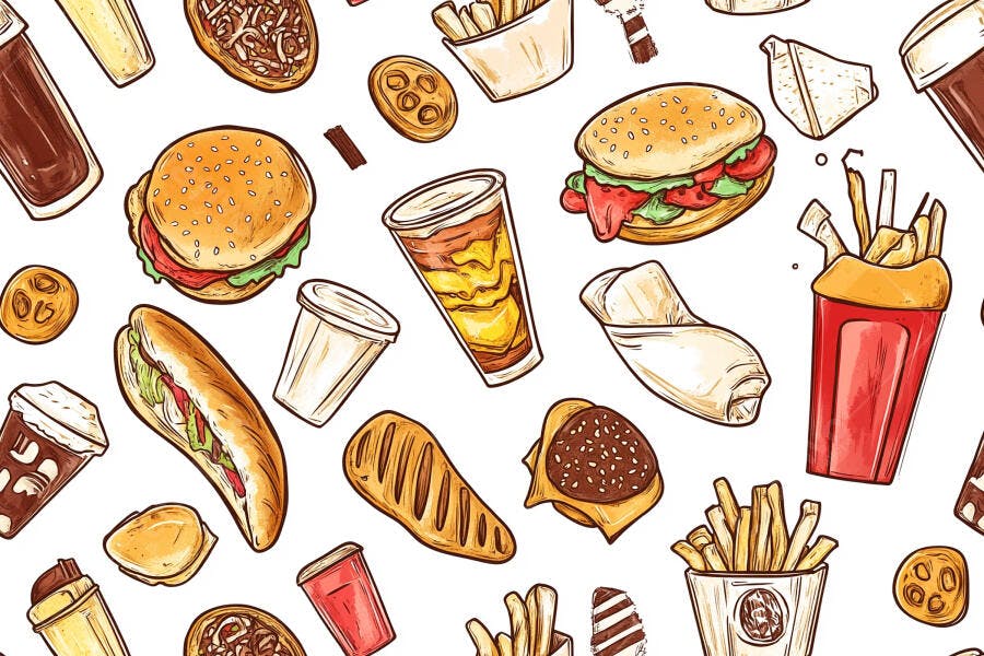 Padrão sem costura de fast food ilustrado com hambúrgueres batatas fritas e refrigerantes