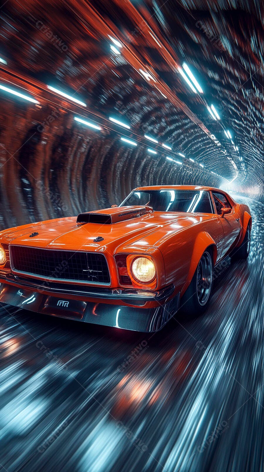 Carro esportivo laranja vintage em túnel futurista com luzes azuis