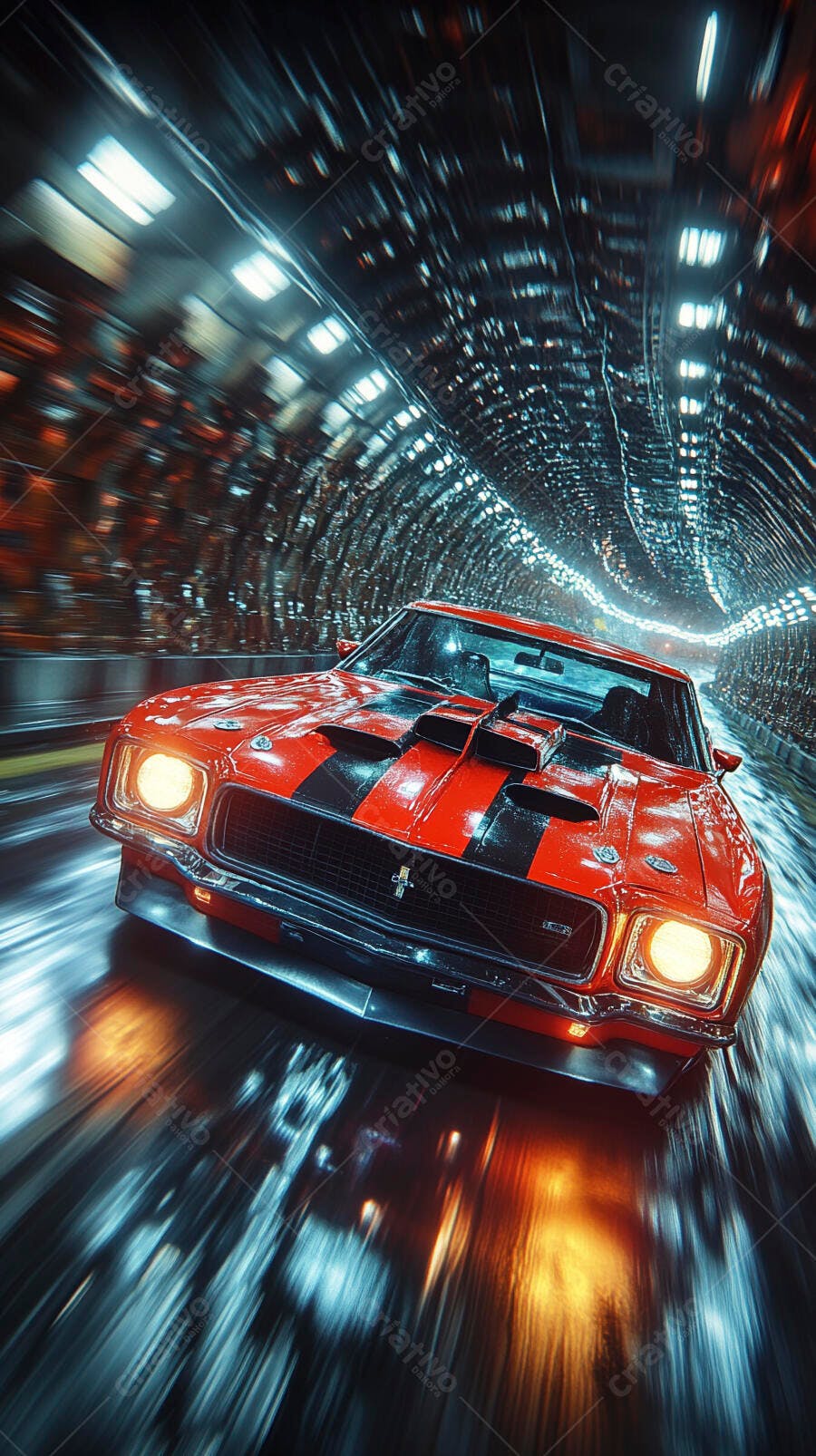 Muscle car clássico vermelho com listras pretas acelerando em túnel iluminado