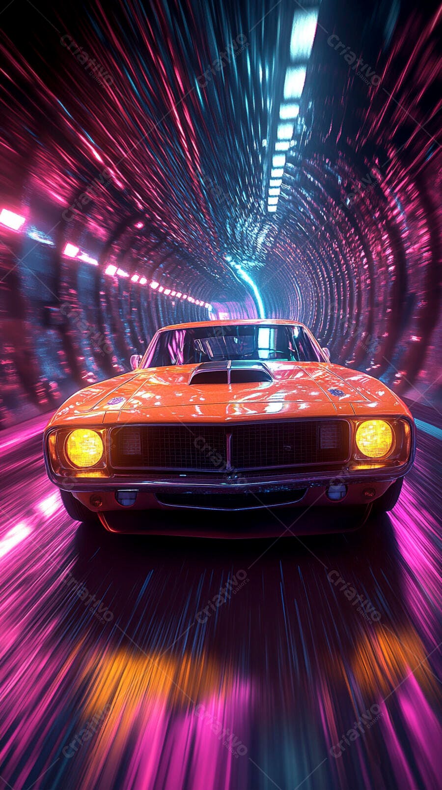 Carro clássico laranja em túnel neon futurista com luzes rosa e azul