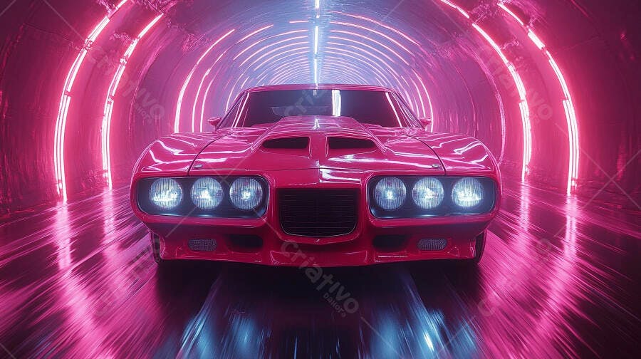 Carro esportivo rosa em túnel neon futurista com velocidade intensa