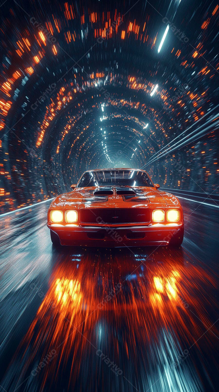 Carro esportivo laranja em túnel futurista com luzes de velocidade
