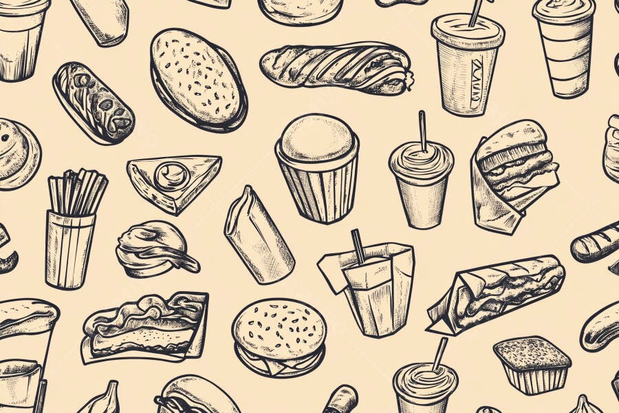 Padrão sem emenda de fast food e bebidas em estilo rascunho vintage fundo creme