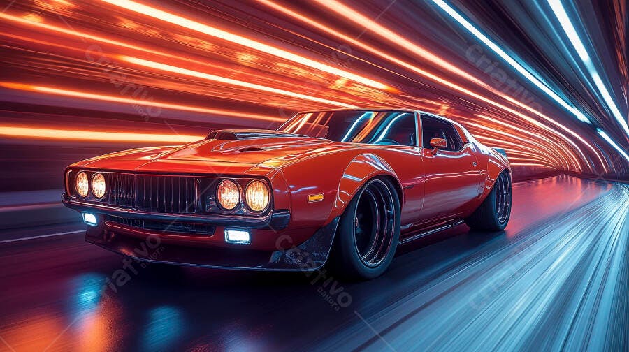 Carro muscle vermelho em túnel neon futurista com rastros de luz e velocidade