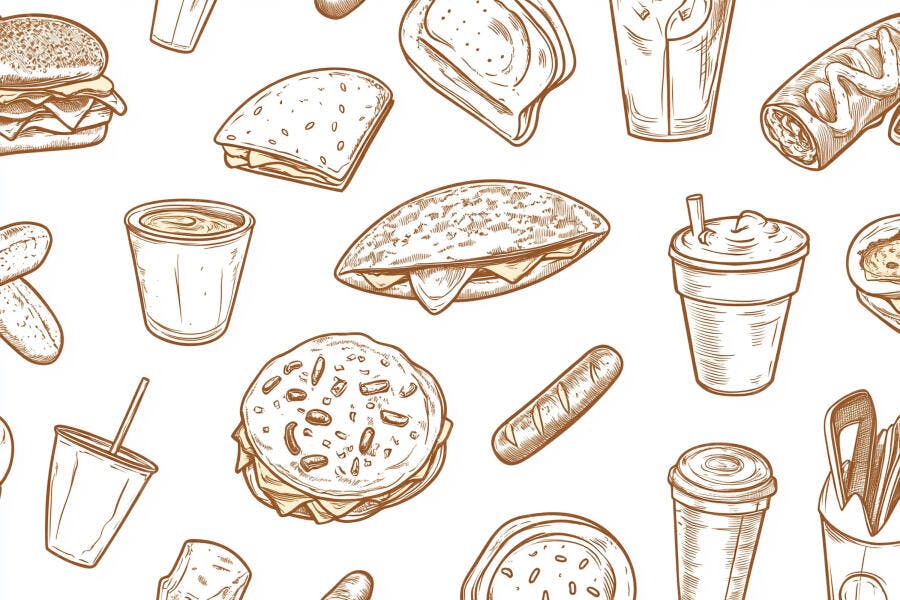 Padrão sem costura ilustrações de fast food e bebidas desenhadas à mão em marrom