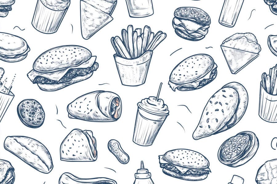 Padrão sem costura de comida rápida sketch com hambúrgueres e batatas fritas