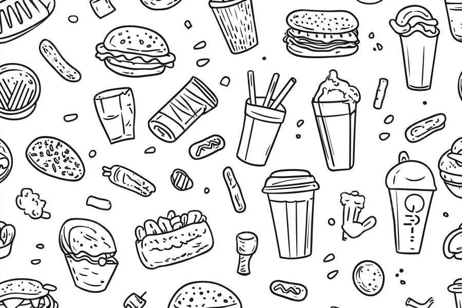 Comida rápida padrão sem emenda desenho à mão preto e branco