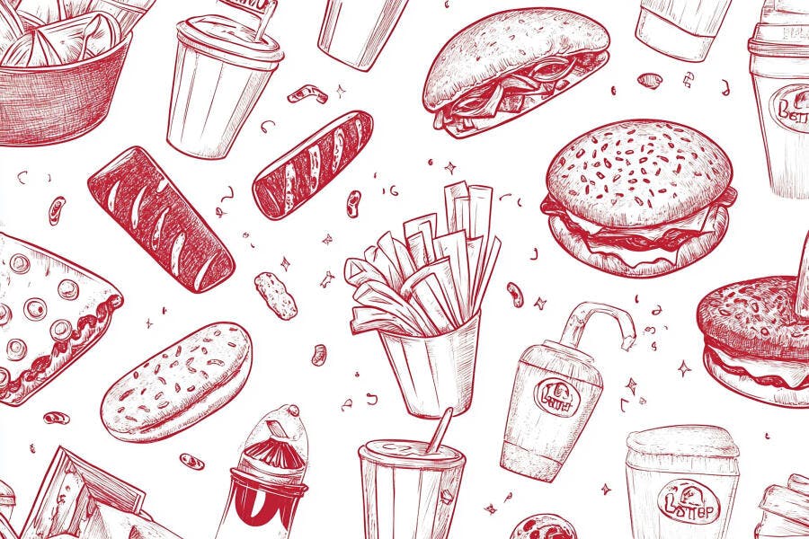 Comida rápida padrão sem emenda hambúrguer batatas fritas cachorro-quente sketch vermelho