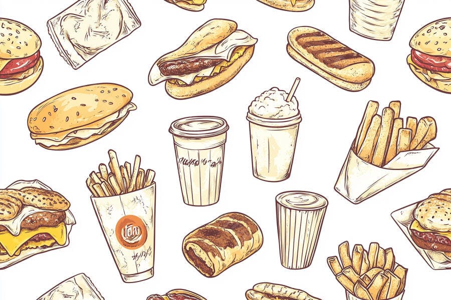 Padrão sem costura de ícones de fast food ilustrados apetitosos