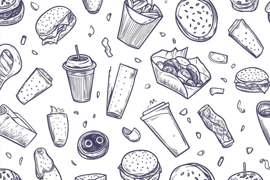 Padrão sem emenda de fast food desenhos de lanchonete e bebidas em linha azul