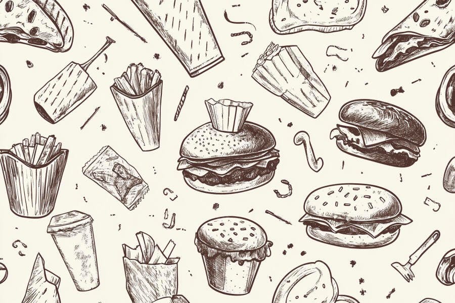 Fast food desenho padrão hambúrgueres batatas fritas pizza e bebidas estilo vintage
