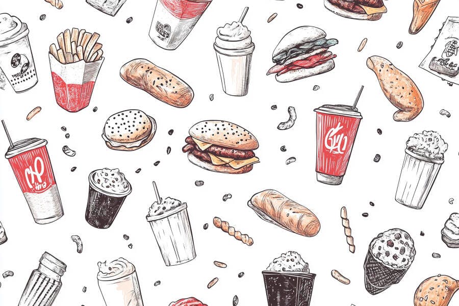 Ilustração padrão fast food com hambúrgueres batatas fritas bebidas e sobremesas