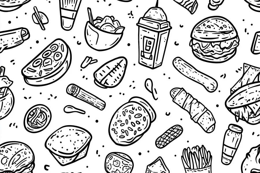 Padrão sem emenda de lanches e fast food em estilo doodle preto e branco
