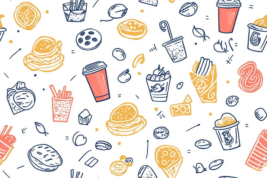 Padrão sem emenda de comida rápida e lanches coloridos ilustrados