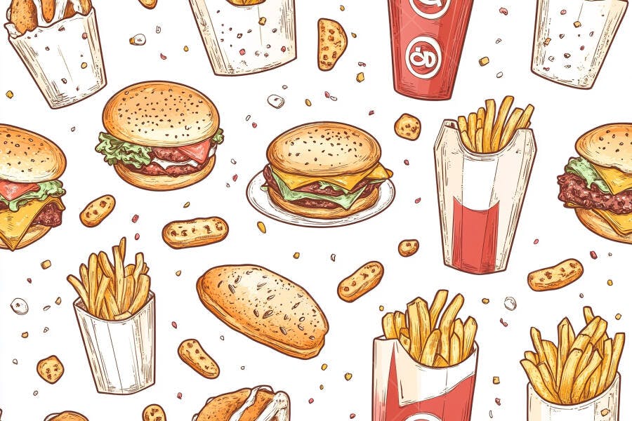 Padrão sem emenda de fast food com hambúrgueres e batatas fritas ilustrados