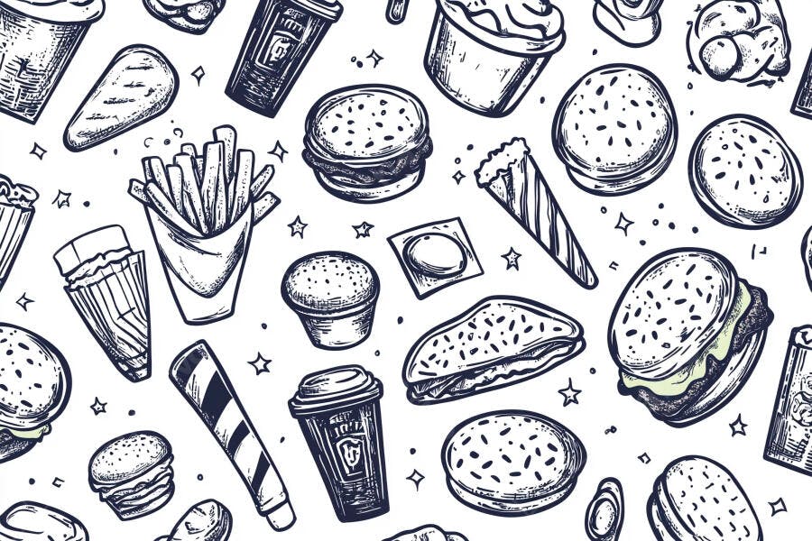 Padrão sem emenda de fast food hambúrgueres batatas fritas bebidas ilustração doodle
