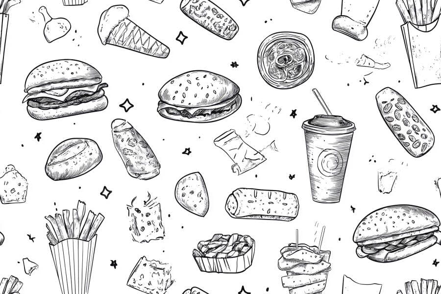 Padrão de desenhos de fast food em preto e branco com hambúrgueres e batatas fritas