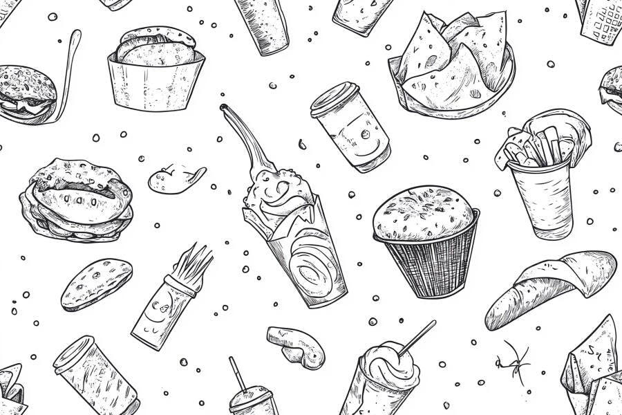 Padrão de fast food desenhado à mão com lanches variados ilustração