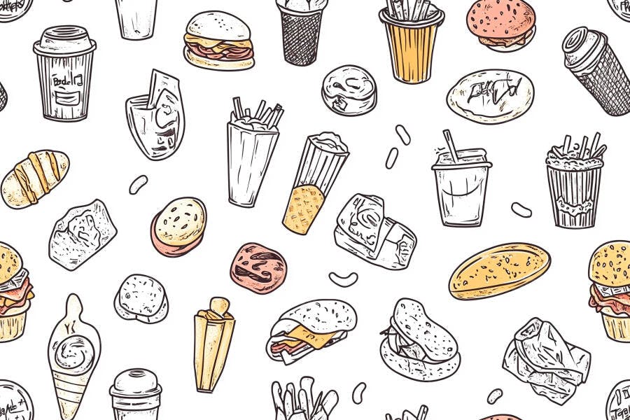 Padrão sem costura de fast food e lanches coloridos doodle