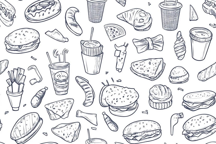 Padrão de fast food desenhado à mão estilo doodle