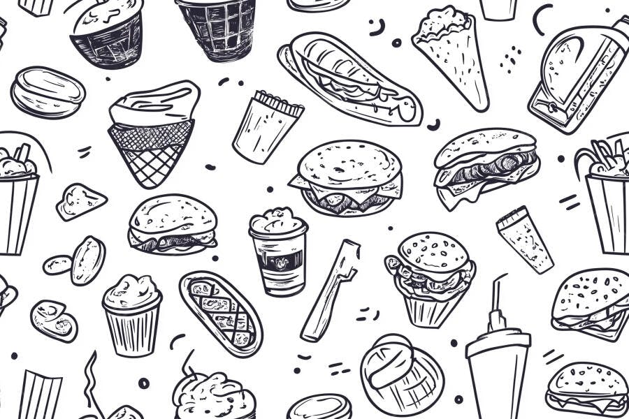 Padrão sem emenda de fast food e sobremesas desenhados em preto e branco