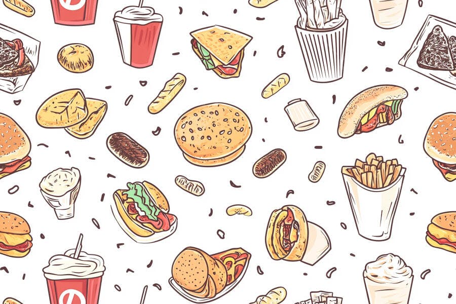 Padrão sem costura de comida rápida e lanches ilustrados em fundo branco
