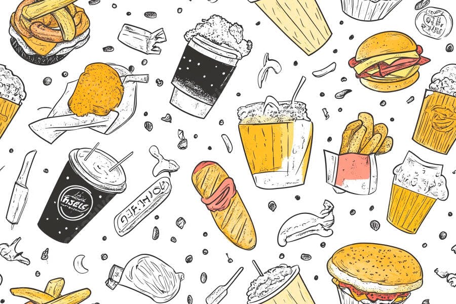 Padrão de fast food desenhado com hambúrgueres batatas fritas bebidas e lanches