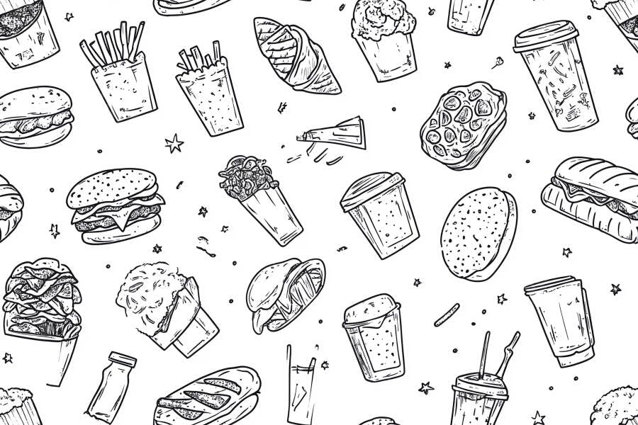 Padrão de fast food e lanches ilustrados em estilo doodle preto e branco