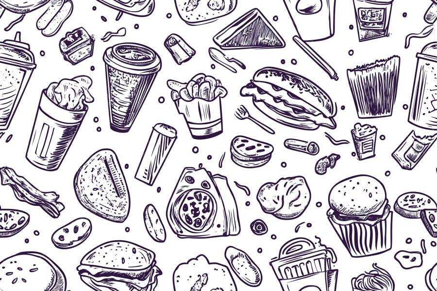 Padrão de comida rápida ilustração com hambúrgueres batatas fritas bebidas e lanches desenhados à mão
