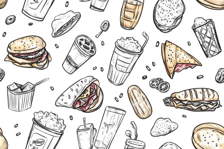 Ilustração de comida rápida padrão com hambúrgueres pipoca e bebidas