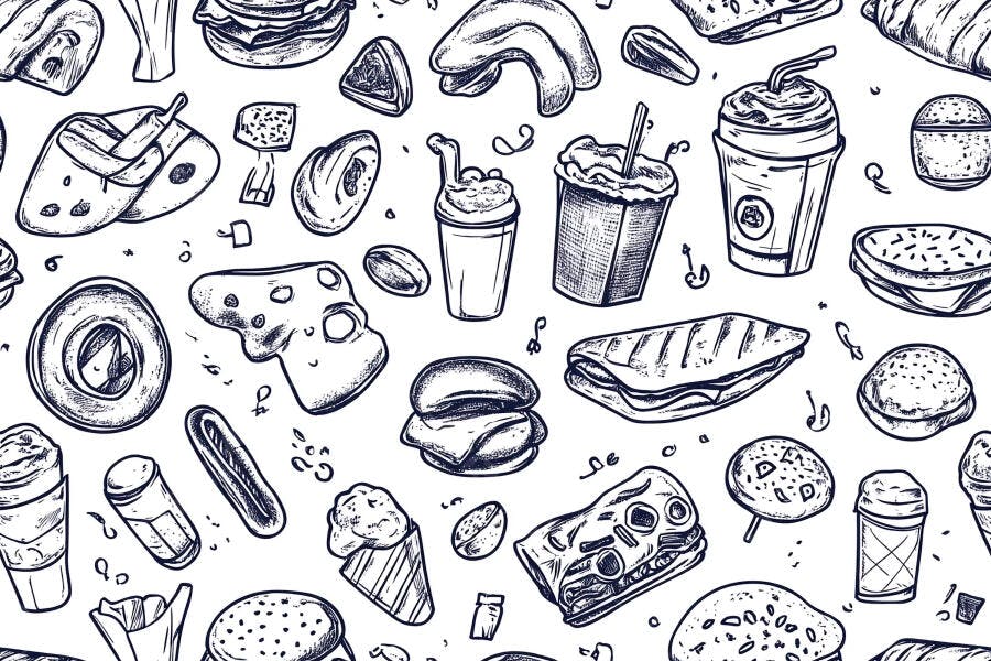 Padrão sem costura de fast food e snacks ilustrados em estilo doodle