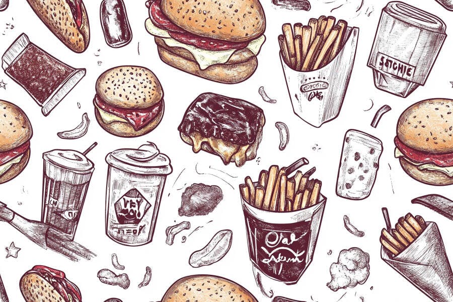 Ilustração de fast food hambúrgueres batatas fritas e refrigerantes em padrão