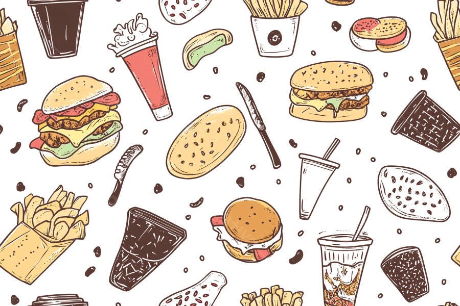Padrão de fast food ilustrado com hambúrgueres batatas fritas e bebidas