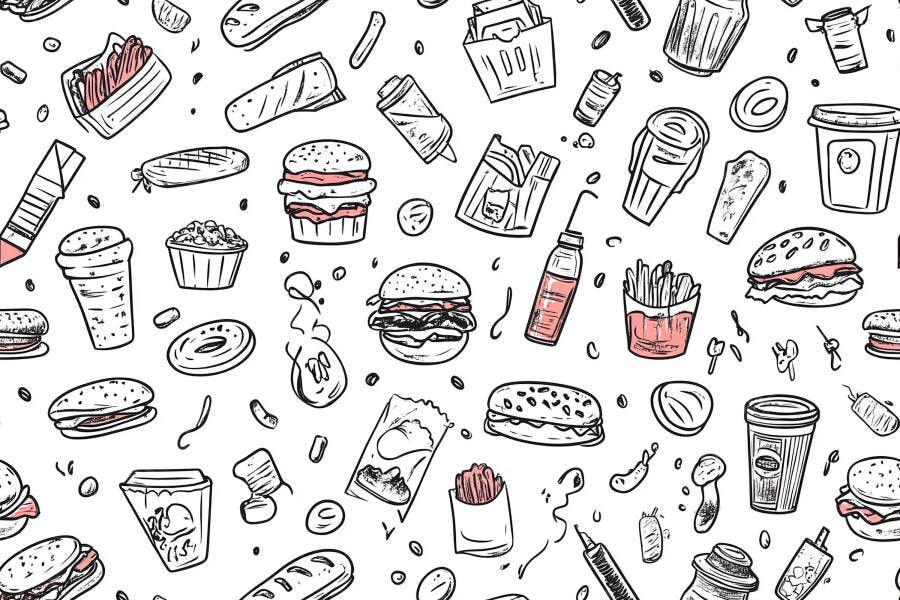 Padrão de doodles de fast food hambúrgueres batatas fritas e bebidas em rosa