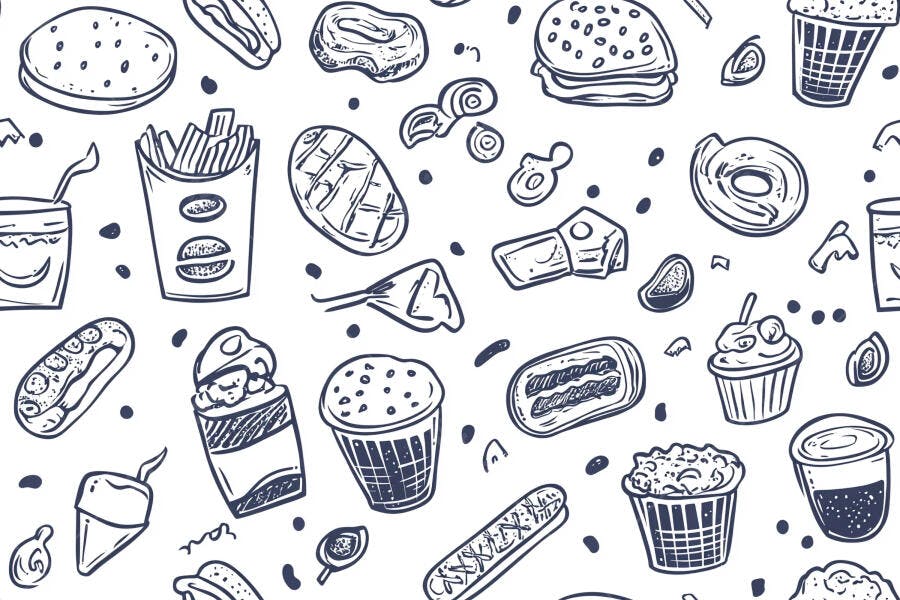 Padrão de fast food e doces desenhados à mão em fundo branco