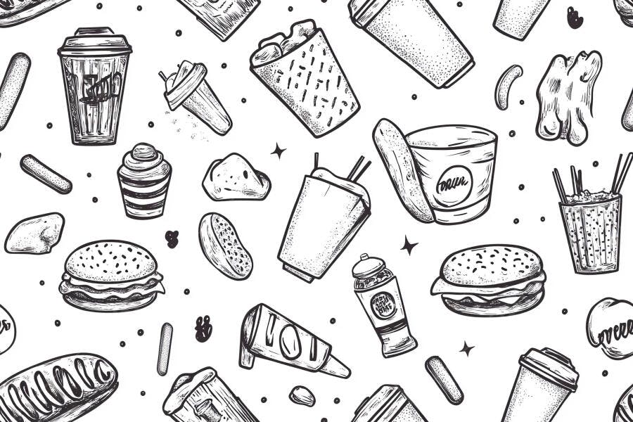 Padrão sem costura de fast food e bebidas ilustração preto e branco vintage
