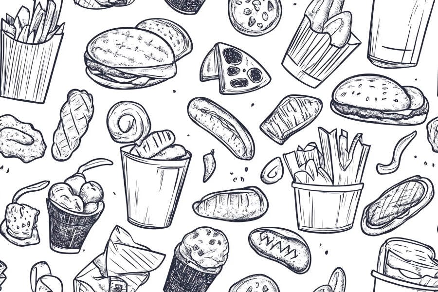 Lanches e fast food padrão sem costura ilustração monocromática
