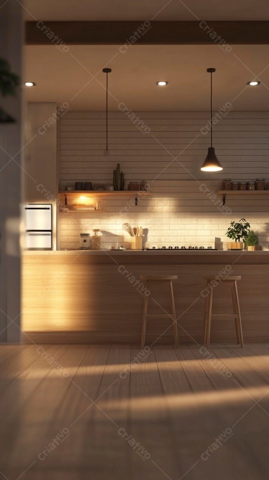 Cozinha moderna com ilha de madeira e banquetas iluminação quente e aconchegante
