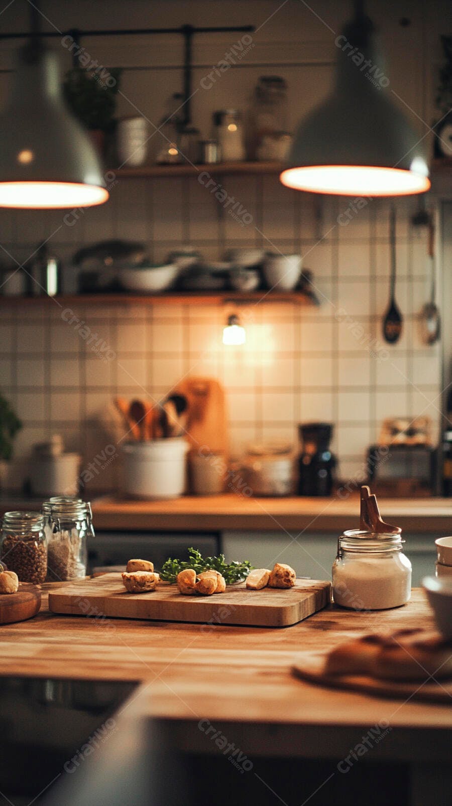 Cozinha rústica com pães frescos e ingredientes no balcão de madeira