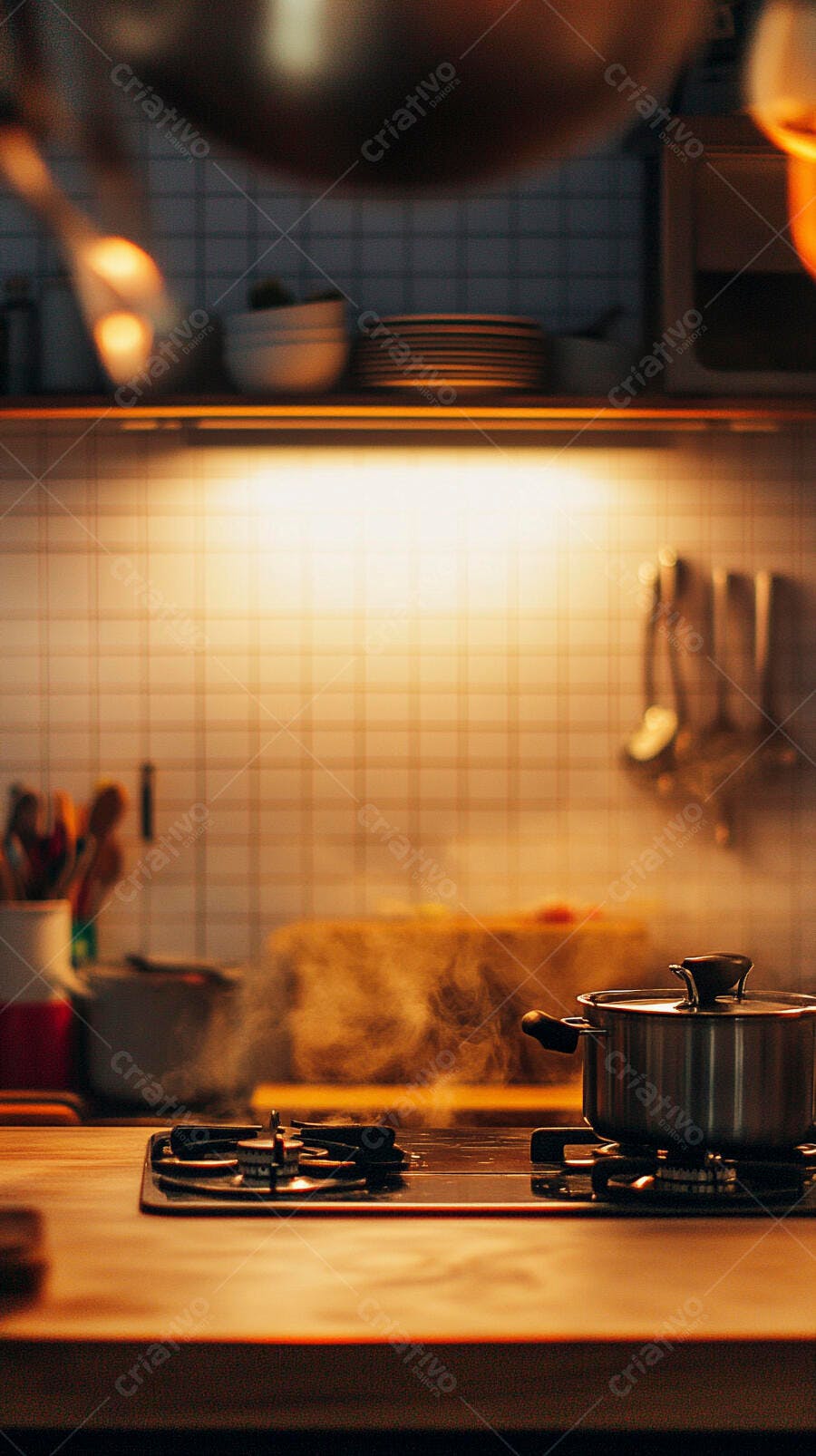 Panela de inox fumegando no fogão a gás em cozinha acolhedora à noite