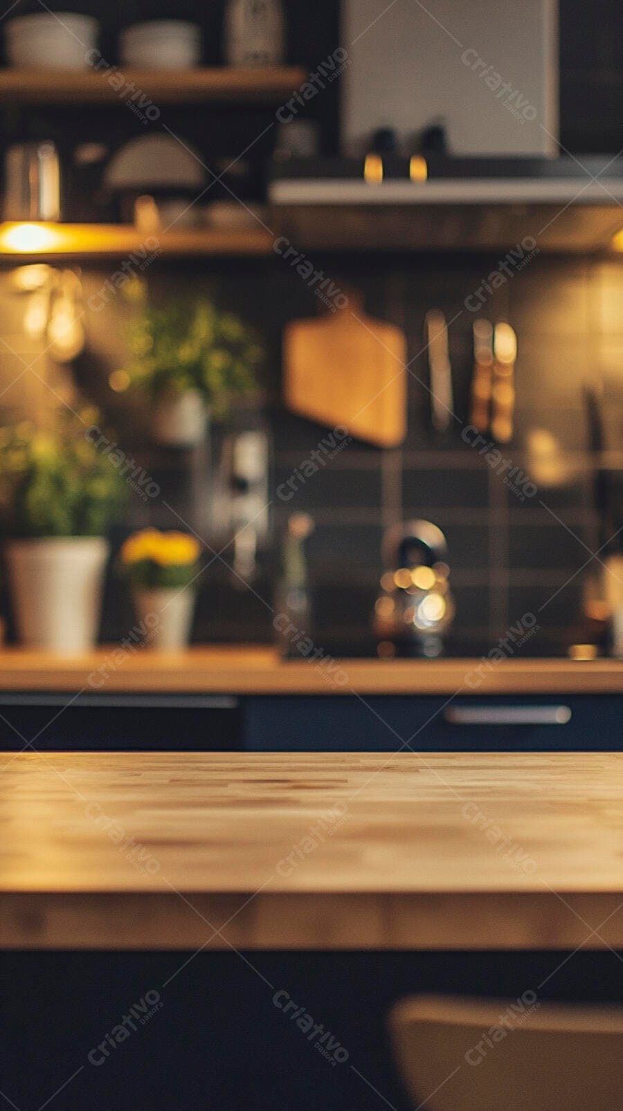 Bancada de cozinha moderna com fundo desfocado e iluminação aconchegante