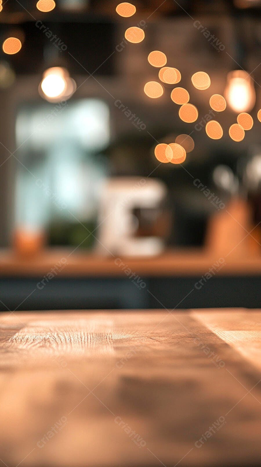 Mesa de madeira com luzes bokeh alaranjadas em café aconchegante