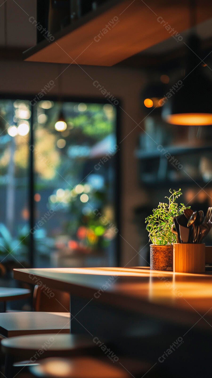 Mesa de café com planta e talheres em ambiente aconchegante