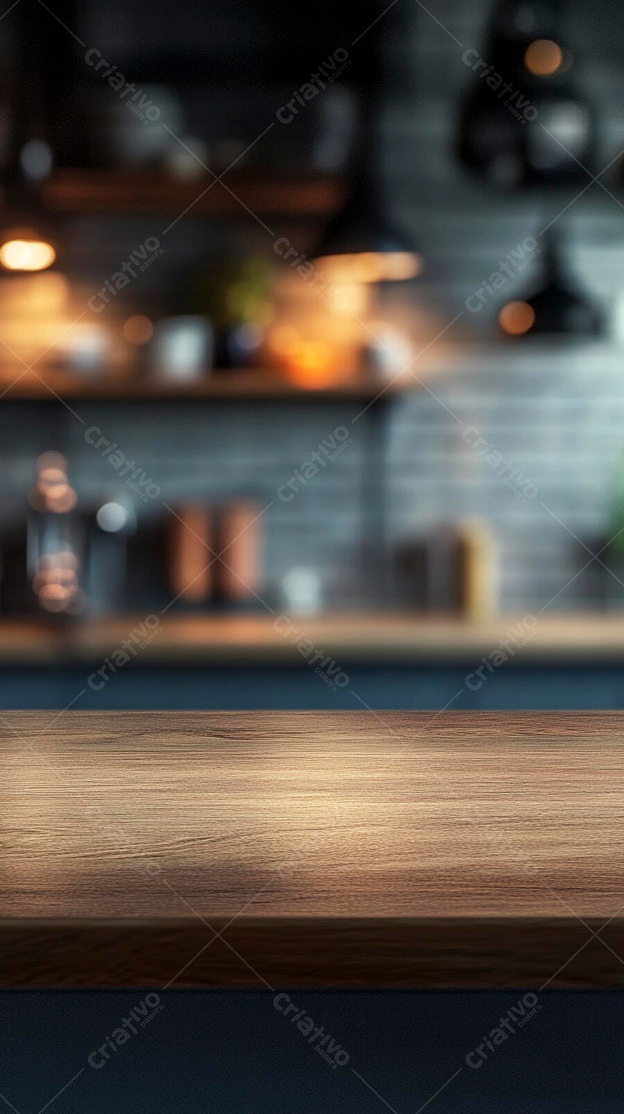 Mesa de madeira clara vazia com fundo desfocado cozinha moderna luzes quentes bokeh
